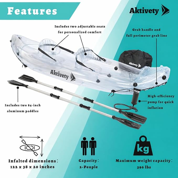 Clear Kayak - Transparent 2-Seater Inflatable Tandem for Two Adults - See-Through Style - Complete Set with Adjustable Seats, Pump, Paddles, Carry Bag & Tracking Fin