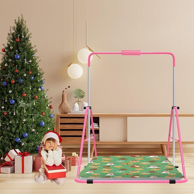 Gymnastics Bar with Self-Inflating Mat for Kids, Adjustable Height Gymnastic Horizontal Bars with Mat, Folding Gymnastic Training Monkey Bars, Junior Expandable Training Kip Bar for Home