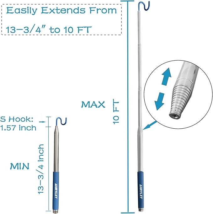 Telescoping Pickup Tool Magnetic Pole with 3 Hooks, 10 FT Telescopic Push Pull Rod Wire Reacher Grabber Disc Golf Retriever, Disc Golf Accessories
