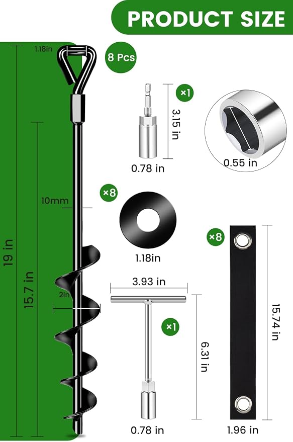 19-Inch Ground Anchors Heavy Duty, Trampoline Stakes Anchors Screw-in for High Wind, Earth Anchor with Strong Straps for Swing Sets, Trampolines, Mobile Home, Sheds, Carports(8x19in)