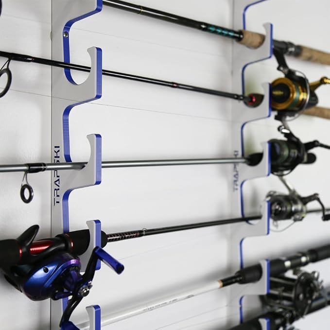 TRAPSKI Made in the USA Premium Fishing Rod/Pole Holder Rack Organizer | Wall or Ceiling Mounted Fishing Rod Rack | Marine Grade HDPE Plastic | Rod Holder for up to 12 | Stackable - 2 Pack