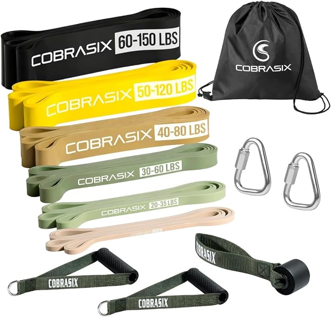 COBRASIX Long Resistance Bands for Working Out | Set of 6 Exercise Bands for Full-Body Training | Pull Up Bands for Home Gym with Handles, Door Anchor and Bar Options | for Men & Women