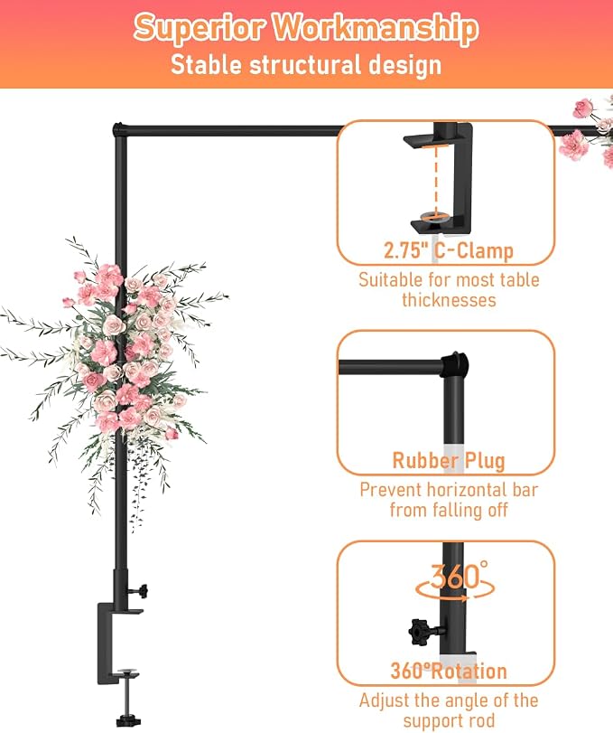 32-48 Inch Length Over the Table Rod Stand with Clamps, Adjustable Metal Balloon Flower Decorating Arch for Wedding, Birthday, Party Decoration, Black