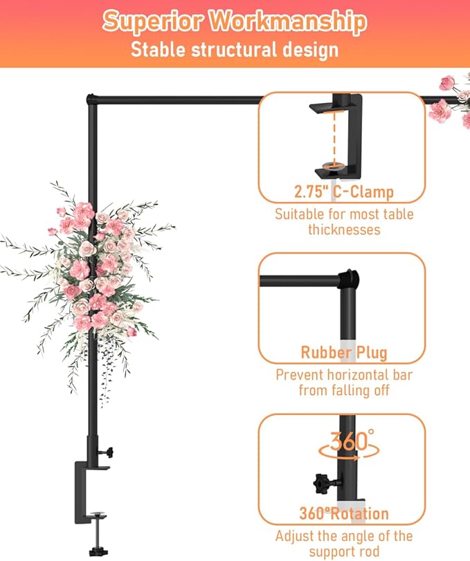 32-80 Inch Length Over the Table Rod Stand with Clamps, Adjustable Metal Balloon Flower Decorating Arch for Wedding, Birthday, Party Decoration, Black