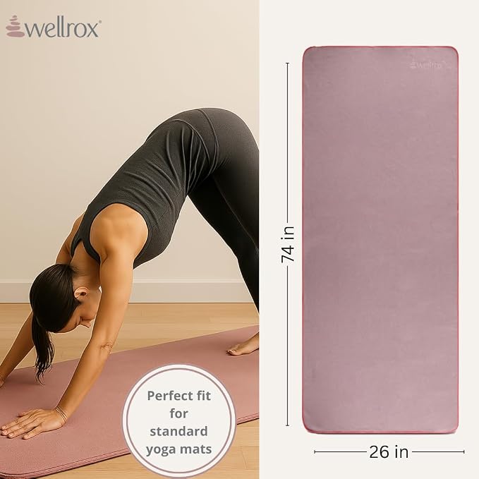 Wellrox Microfiber Yoga Mat Towel with Grip – Ultra Absorbent, Super Soft, and Quick Dry Hot Yoga Towel Non Slip for Pilates, Bikram, and Fitness Workouts (74” x 26”, Rose)