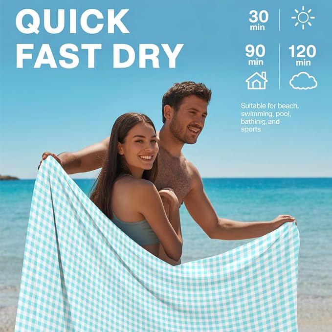 2 Pcs Microfiber Beach Towel Sand Free Quick Dry Oversized Yellow White Gingham Checkered Lightweight Travel Pool Towels for Adults Swim Camping 71 x 32 Inches
