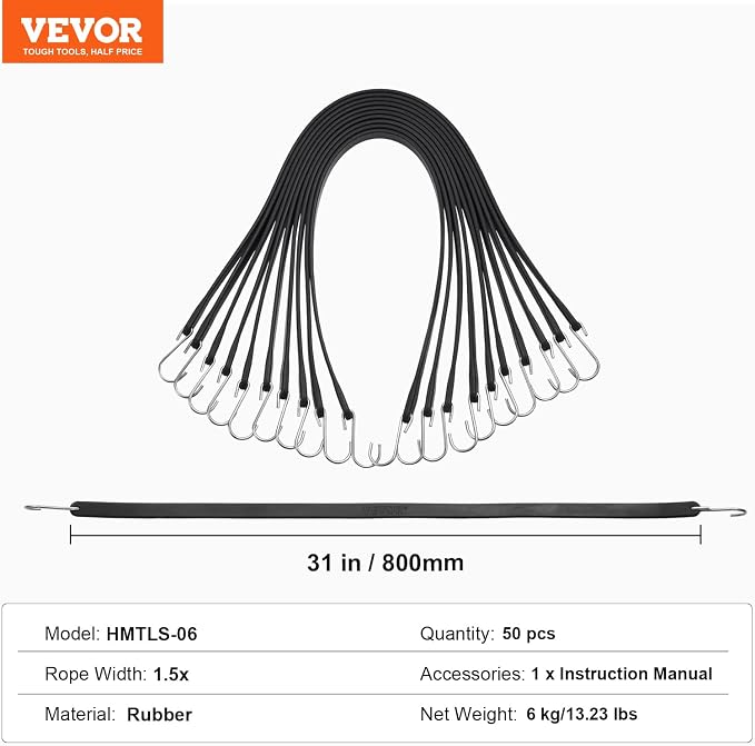 VEVOR 31" Rubber Bungee Cords, Weatherproof EPDM Rubber Tie Down Straps with Crimped S Hooks, Heavy Duty Outdoor Tarp Straps for Securing Flatbed Trailers, Canvases, Cargo, and More (50 Pack)