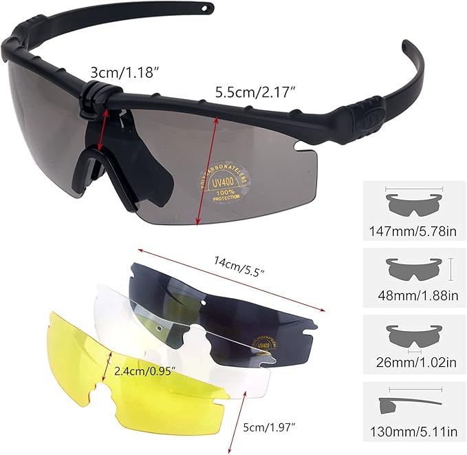Tactical Eyewear Anti Fog UV400 Protection Glasses (Black and Green Frame, 2 Sets)