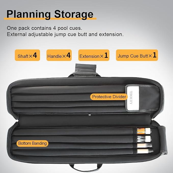 Pool Cue Case – Durable 4x4 & 4x5 Billiard Pool Cue Stick Carrying Case with Large Storage Space, Waterproof Billiards Accessories