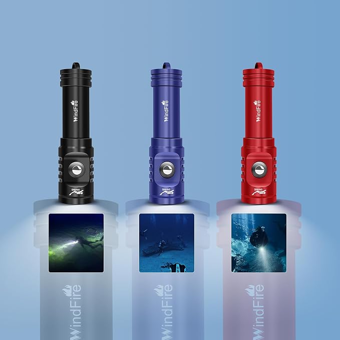 WINDFIRE TS08 Scuba Diving Flashlight, Super Bright Dive Light Rechargeable, 3 Modes Underwater Flashlight, 192 ft Depth IP68 Waterproof Aluminum Torch for Snorkeling, Caving (Blue)