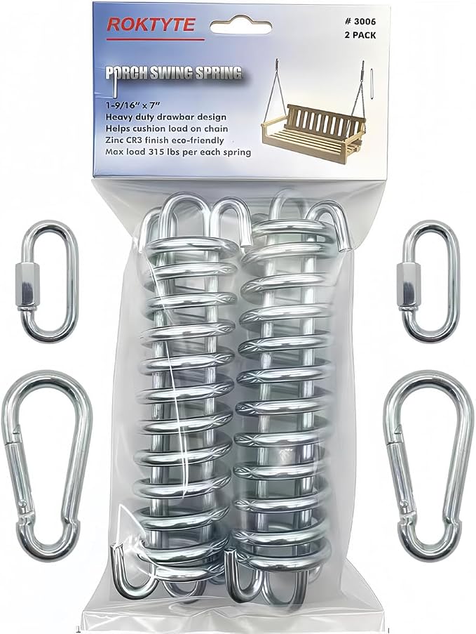 Porch Swing Spring 1-9/16 x 7 Inches with Carabiner and Quick Link Heavy Duty Drawbar Style for Swings, Hammocks, Sunshade Sails, Large Dog Chain Leash (2 Pack)