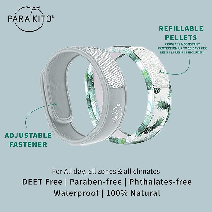 PARA'KITO Mosquito Repellent Bracelets + Refill Pellets Bundle, Mosquito Bracelets, Peppermint Oil, DEET Free Mosquito Repeller, Hiking Accessories, 2 Wristbands & 2 Refills (Smokey Grey+Pineapple)