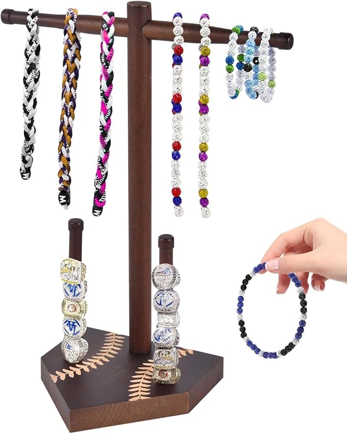 Wooden Sports Ring & Necklace Display Holder, Baseball Softball Championship Ring Organizer, Drip Necklace Storage Stand, Sports Gift for Athletes,Tool-free installation