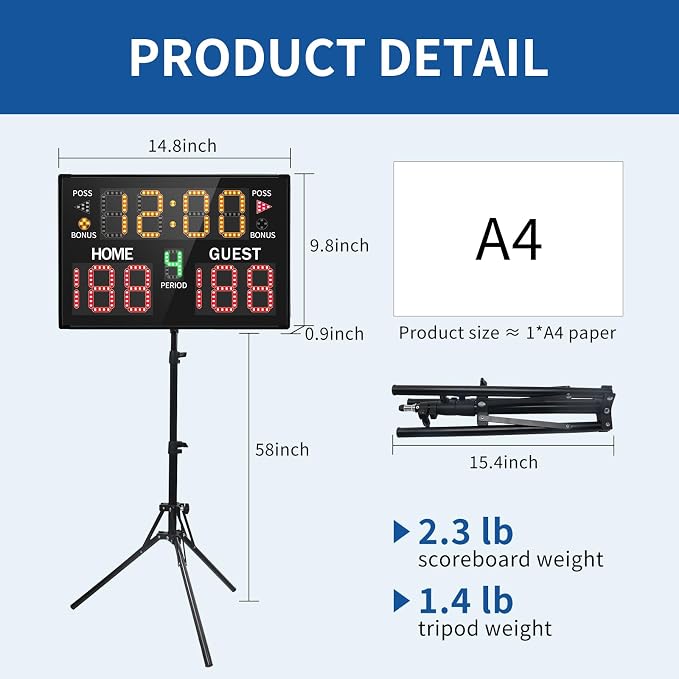 LUCKY TIME Electronic Basketball Scoreboard with Buzzer, Digital Scoreboard with Remote,Portable Score Keeper Battery Powered Score Board for Sports Games
