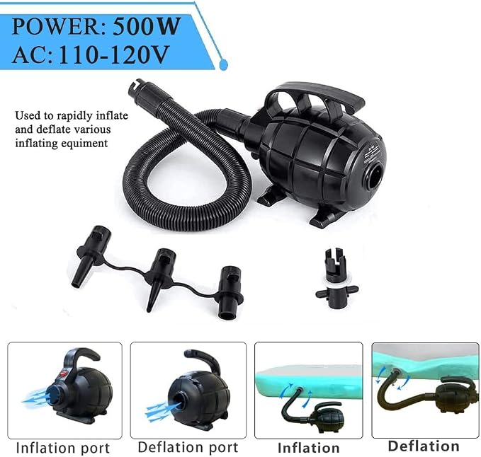 Electric Airpump for Inflatable Tumble Track Gymnastics Mat, Air Roller Barrel, Swimming Ring, Bed, Pool Toy, Inflatables Raft Boat Electric Pump with 4 Nozzles（AC 110-120V（500W））