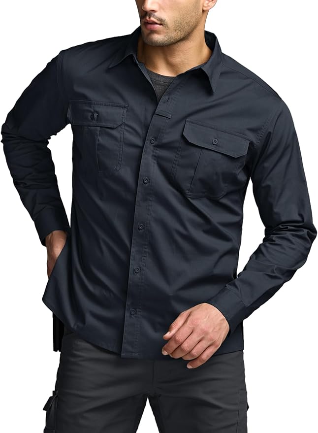 CQR Men's Long Sleeve Tactical Shirts, Ripstop Military Work Shirts, UPF 50+ Breathable Button Down Outdoor Hiking Shirt