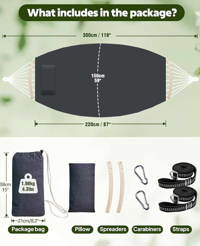 Chihee Hammock for Stand 9.8ft x 4.9ft Soft Cotton Hammock Holds Up to 660lbs Portable Tree Hammocks with Detachable Spreader Bar Pillow 2 Strong Webbings 2 Carabiners Patio Garden Indoor Outdoor