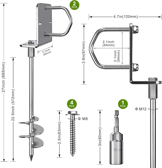 Insaga 18''/24''/30'' Ground Anchors Screw in Earth Anchor Solid Steel with L Bracket for Trampoline Mobile Home Swing Set Shed Carport Tent Stakes, Wider Helix Blade & Chrome Plated Finish, 2/4/6Pcs