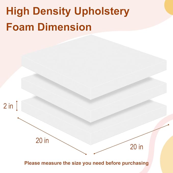 High Density Upholstery Foam 2" X 20" X 20", 3PCS Couch Cushion Replacement - 45D Density 70 ILD (Firm), Square Foam Padding for Chairs, Cut to Size Foam Replacement Cushion for Sofa Chair Bench