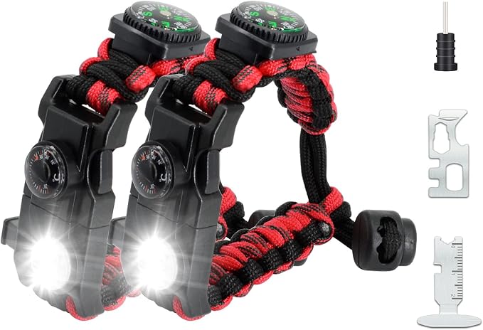 20 in 1 Survival Paracord Bracelet Adjustable Gear Kit with SOS LED Light, Fire Starter, Bigger Compass, Survival Whistle, Perfect for Camping, Hiking, Fishing