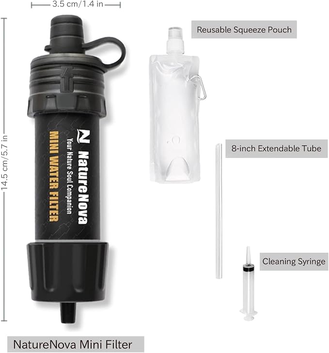Mini Water Filter NatureNova Portable Emergency Water Filtration(2 Pack,Black) with Naturenova Water Filter Bottle(2 Pack Blue/Black)