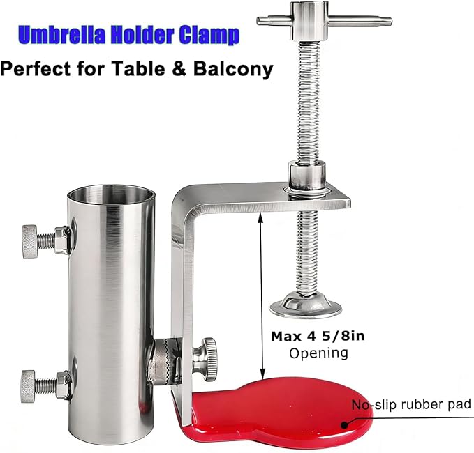 JINHAN Stainless Steel Patio Umbrella Clamp - 360° Rotatable Balcony Railing Holder for Bleachers, Fence & Outdoor Deck