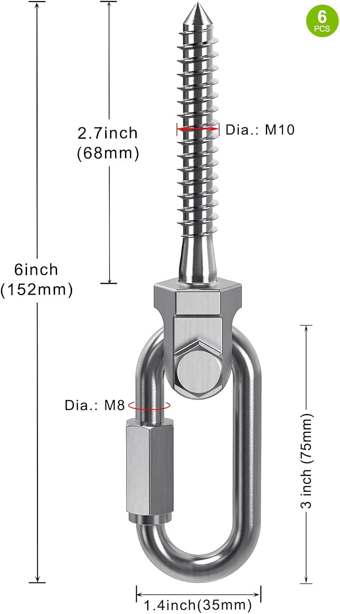SELEWARE Heavy Duty 304 Stainless Steel Swing Hangers Set of 6, 180° Rotation Porch Swing Hardware for Playground, Yoga Hammock, Punching Bag & Outdoor Swing Sets