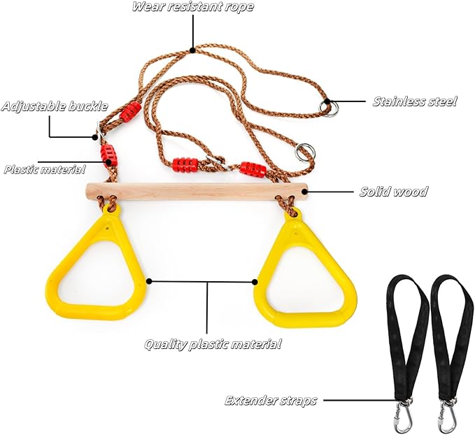 Covzoe Trapeze Bar, 16" Adjustable Height Wooden Swing Set, Trapeze Climbing Bar Assembly with Rings, Gym Hanging Accessories Playground Attachments