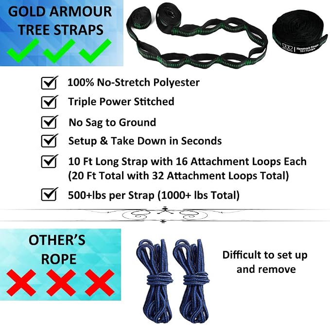 Gold Armour Camping Hammock - XL Double Hammock Portable Hammock Camping Accessories Gear for Outdoor Indoor with Tree Straps, USA Based Brand (Khaki and Dark Green)