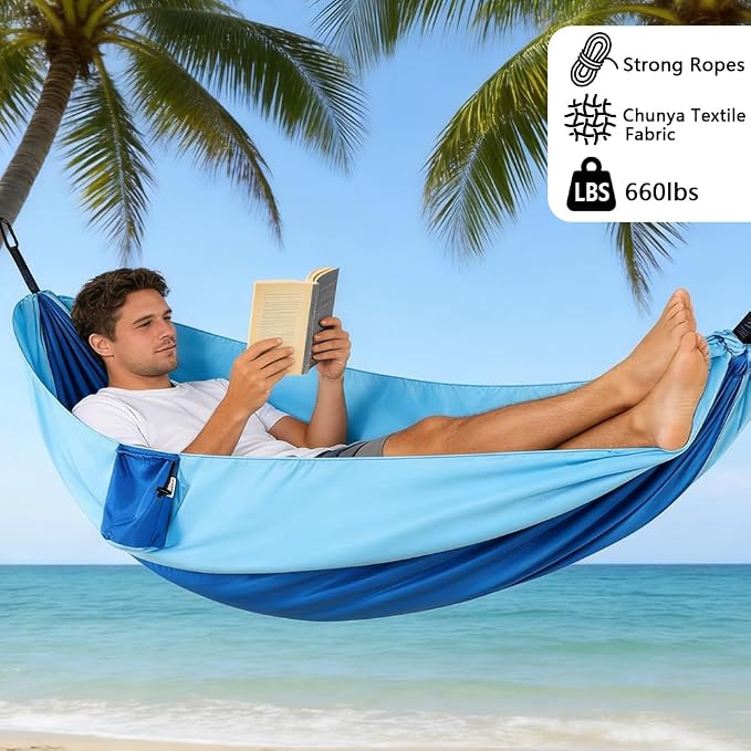 Camping Hammock, Portable Hammocks with Tree Straps & Attached Carry Bag, Travel Tree Hammocks for Outside Indoor Hiking Beach Backpack Travel(Blue, Polyester Pongee)