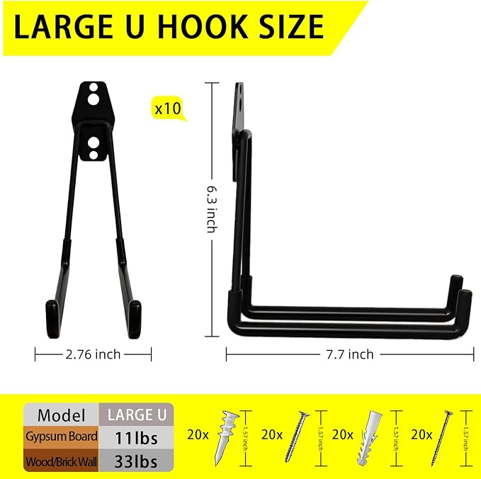 10 Pack Garage Hooks Heavy Duty with Anti-Slip Coating, Steel Utility Ladder Hooks for Hanging Garden Tools, Hoses, Ropes, Bikes and More (7.7in)