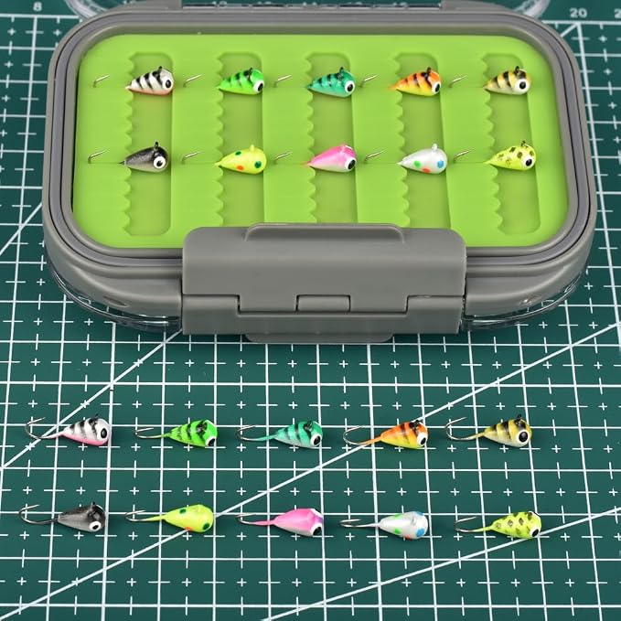 Tungsten Ice Fishing Jigs Kit, 3.2/4/5mm Glow in Dark Tear Drop Ice Fishing Lure Jigs with Waterproof Two-Sided Jig Box Assortment 20/24/30