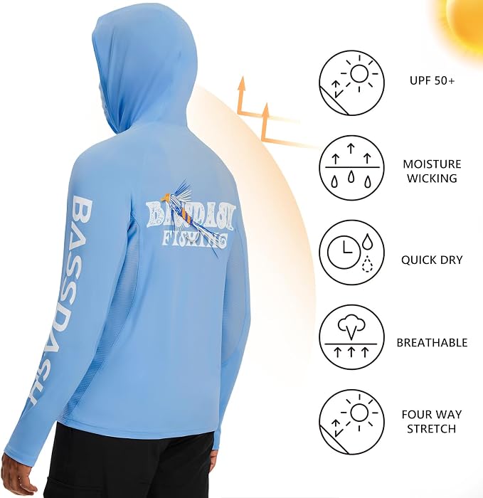 BASSDASH Men’s UPF 50+ Graphic Fishing Hoodie Shirts with Mask Pocket UV Long Sleeve Moisture Wicking FS47M