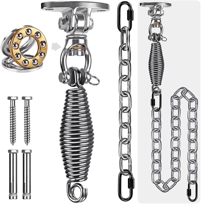 SELEWARE Hammock Chair Hanging Kit, Stainless Steel Bearing Swing Hanger with Heavy Duty Spring and Chain, Ceiling Mount for Hanging Indoor Outdoor Swing, Hammock Chair, Heavy Punching Bags
