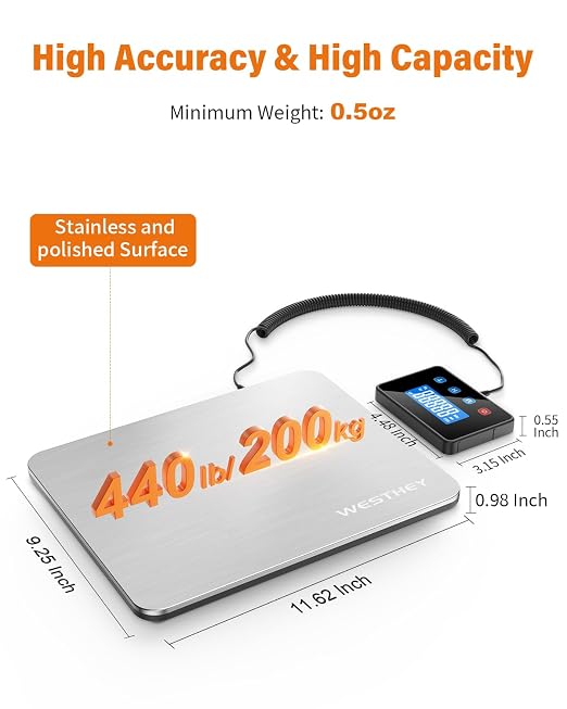 WESTHEY Shipping Scale, 0.5oz-440lb Digital Postal Scale for Packages | High Accuracy for Packages, Mail, Luggage, Pet, Food, Warehouse and Home Use