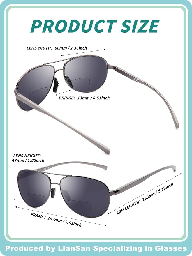 LianSan Premium Aviator Bifocal Reading Sunglasses for Men Women Retro Top Clear Sun Readers UV Protection