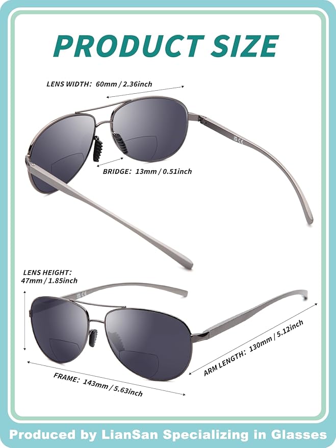 LianSan Premium Aviator Bifocal Reading Sunglasses for Men Women Retro Top Clear Sun Readers UV Protection
