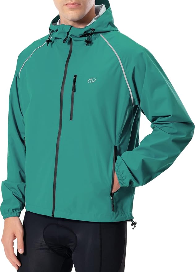 Hugut Men's Cycling Running Rain Jacket Lightweight Waterproof Biking Hiking Windbreaker Raincoat Reflective Packable