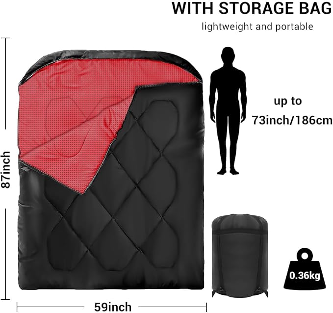 Double Sleeping Bag for Adults Camping,Bring Pillow, XL Queen Size Sleeping Bags for 2 Person Hiking Backpacking, Lightweight Waterproof with Compression Sack