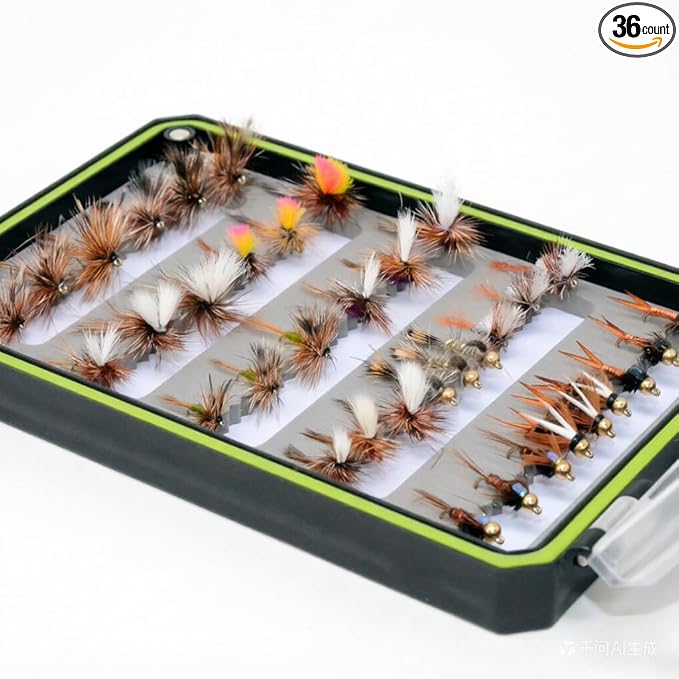 24/36/50/66 Premium Hand Tied Fly Fishing Flies Assortment | Waterproof Fly Boxes | Dry, Wet, Nymphs, Streamers, Wooly Buggers, Terrestrials | Trout, Bass Lure Set, Kit, Gift