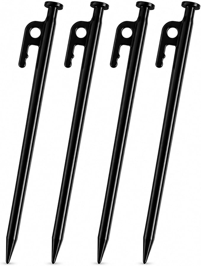 SORIEA Long Tent Stakes 16 Inch Heavy Duty, (4 Pack) Steel Ground Anchors for Strong Wind, Camping, Canopy, Outdoor Shelter Stability Black