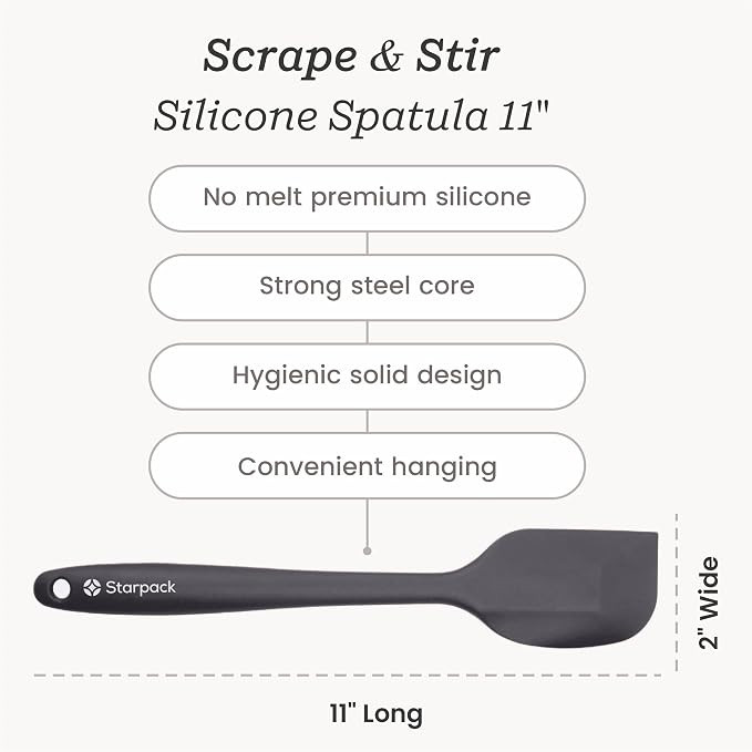 Starpack 'Scrape & Stir' Silicone Spatula (11 Inch) - Heat Resistant Spatula Set 600°F - Food Grade Kitchen Spatulas - Nonstick Baking and Cooking Spatula - LFGB Grade Rubber Spatula Set