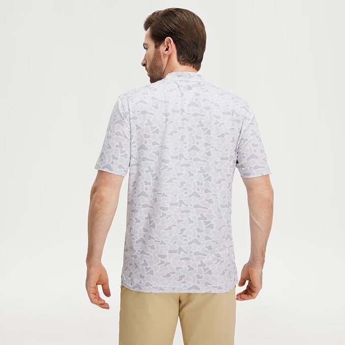 M MAELREG Golf Shirts for Men Collarless Performance Dry Fit Stretch Henley Casual Printed Mens Polo Shirts Short Sleeve