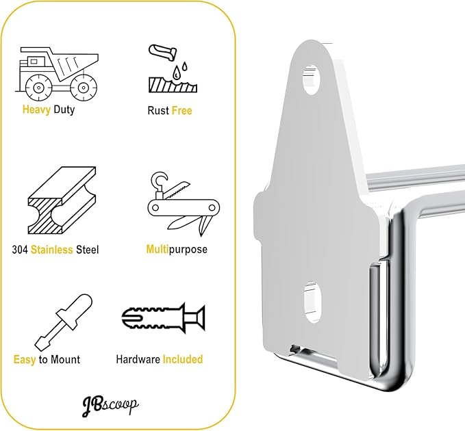 JBscoop 4 Stainless Steel 304 Garage Hooks, Heavy Duty Organizer & Wall Mount Hanger Rack for Tools, Equipment, and More, Rust-Resistant & Durable
