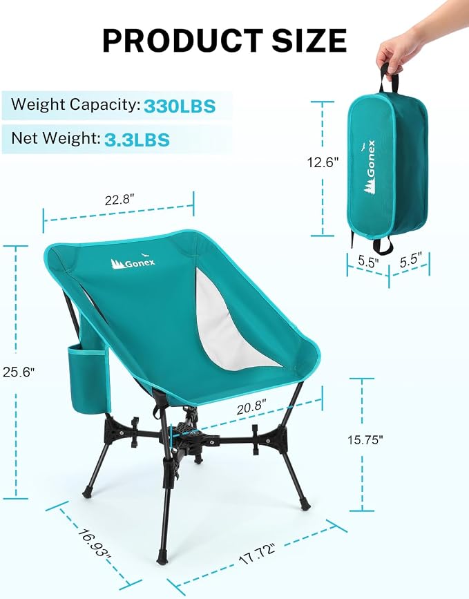 Gonex Portable Camping Chair, The 5th Gen Ultralight Compact Backpacking Foldable Lightweight Folding Chair for Outdoor Camp Hiking Beach Picnic Concert, Supports 330lbs (Lake Green, 1 PCS)
