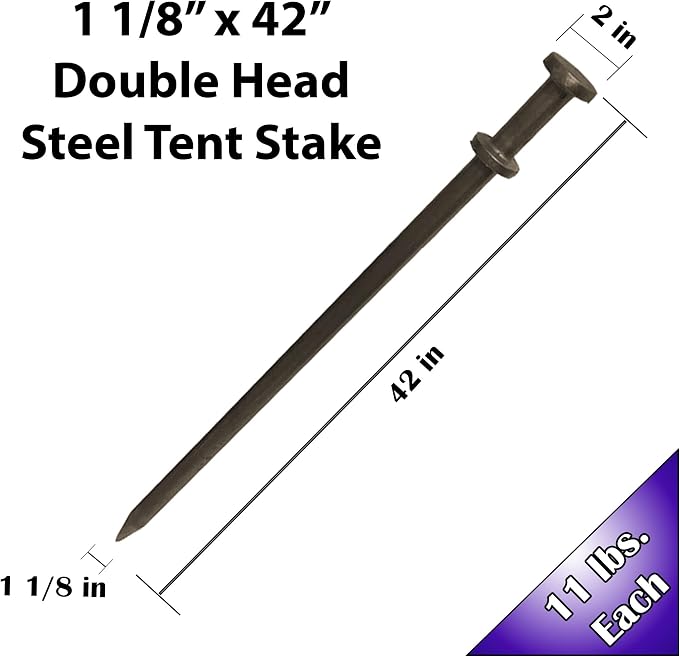 Double Head Tent Stakes - Heavy Duty Steel Tent Stakes, Versatile Ground Spikes to Anchor Commercial Inflatables, Party Tents, and Outdoor Camping Shelters, 1 1/8 x 42 inch, 4-Pack