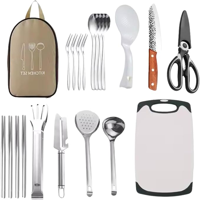 Portable 11-Pcs Stainless Steel Camping Kitchen Set – Outdoor Cooking & BBQ Utensils with Organizer Bag | Travel Cookware for RV, Hiking, Backpacking, Beach & Picnic Adventures