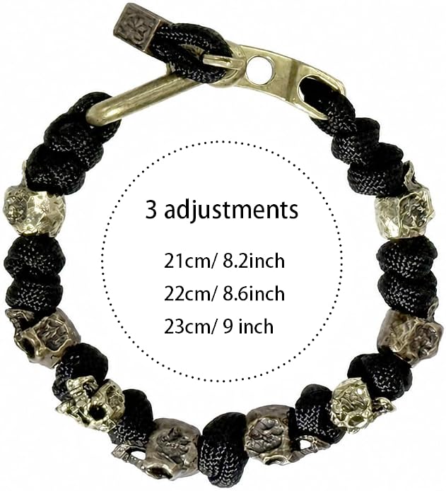Skull Paracord Bracelet Black Green Paracord Bracelet Adjustable Gothic Design Bracelets with Metal Skull Charms U-Shackle Closure