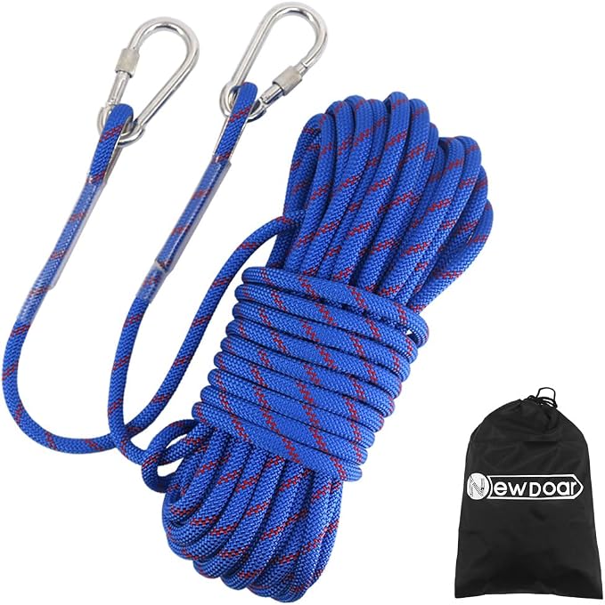 NewDoar Climbing Rope 8(5/16in),10mm (3/8in), High Strength Accessory Cord Rope with 2 Steel Hooks, for Outdoor Rescue Rappelling Rope Down Cliffs ledges Safety Escape Tow Strap Equipment(Blue)