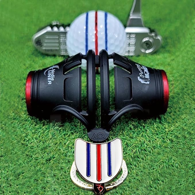BIRDIE79 Golf Ball Line Marker Tool Kit Set. 360 Degree 3-Line Plus Vertical Line Putting Alignment & Triple Track Standing Ball Marker with Adjustable Tilt Angle, Confidence Liner Accessories.